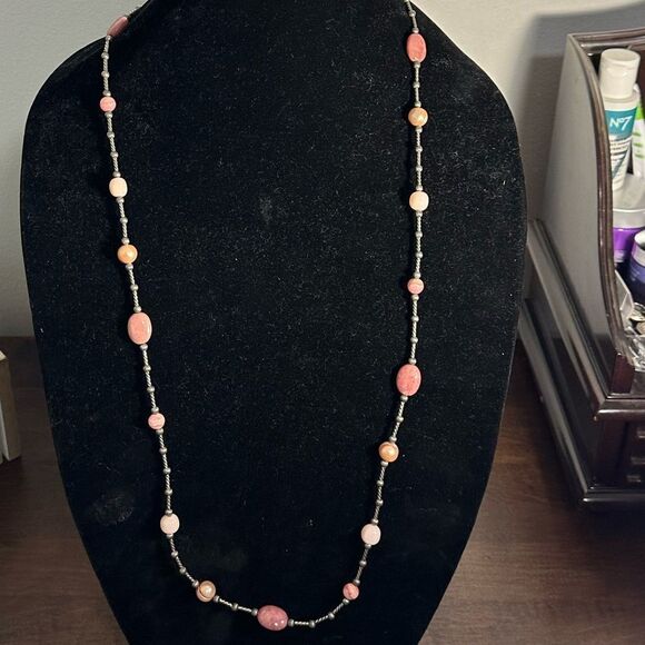 Carolyn Pollack Sterling Silver Rhodochrosite Rhodonite & Pearl Station Necklace - Picture 1 of 6